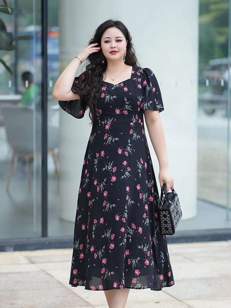 

Женское платье Dai Lady больших размеров с цветочным принтом, скрывающее живот, стройнящее, летнее, новый корейский стиль, свободный крой, с завышенной талией