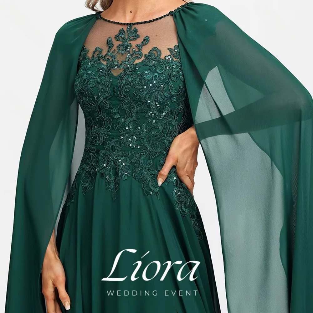 Liora Customized O-Neck A-Line Emerald Mother of the Bride Dresses Side Slit Lace Appliques Sequined Chiffon Wedding Guest Gowns