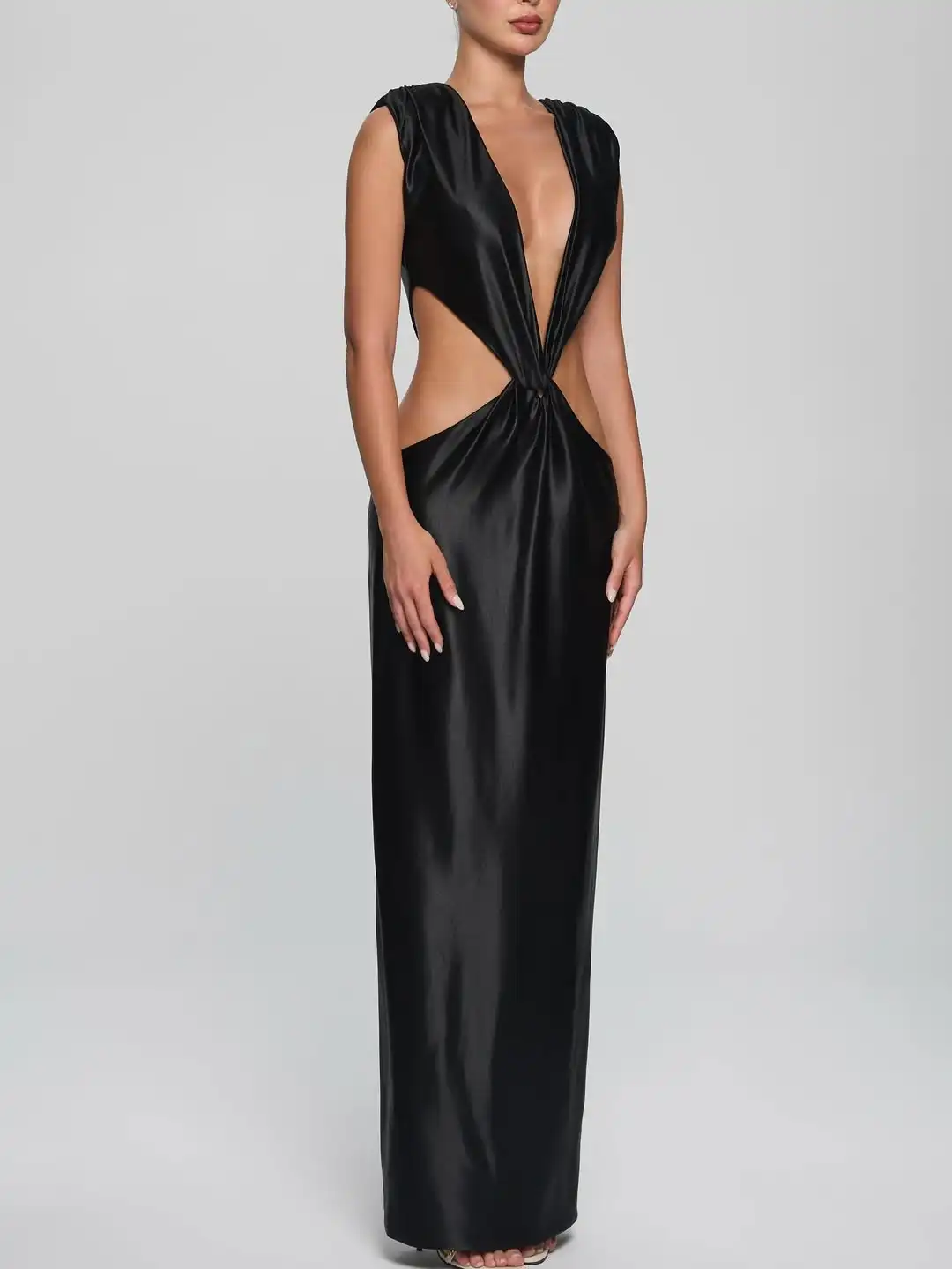 Chic cetim oco para fora maxi vestido feminino sem mangas sem costas profundo decote em v plissado estilingue vestidos 2026 senhora vestidos de festa à noite