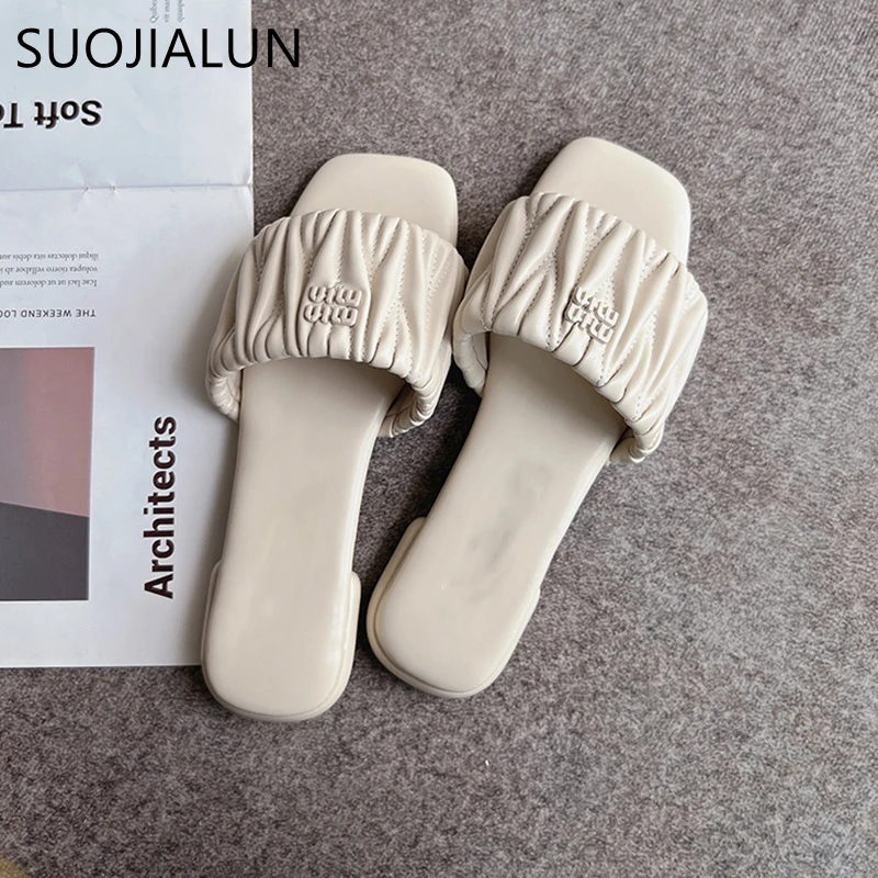 SUOJIALUN  Summer New Brand Women Slipper Fashion Pleated Slip On Sandal Flat Heel Outdoor Casual Beach Slides Shoes Flip Flop