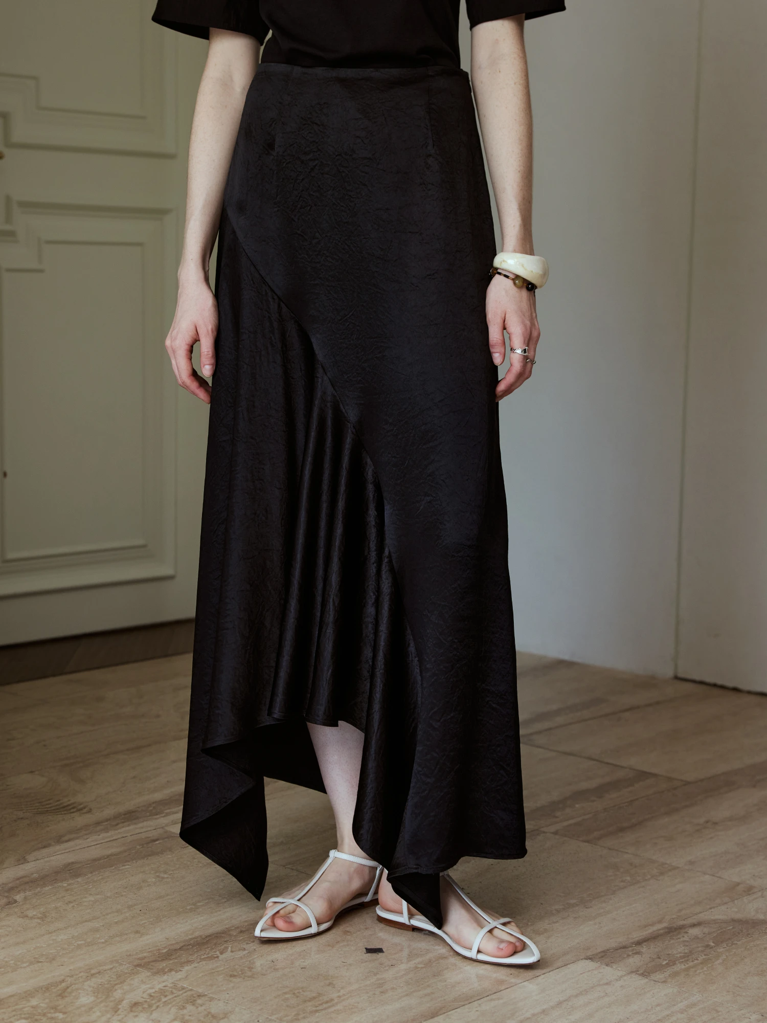 

Elegant High Waist A-Line Midi Skirt Asymmetric Design Long Black Acetate Fiber Women's Skirt Openroles Brand Summer Collection