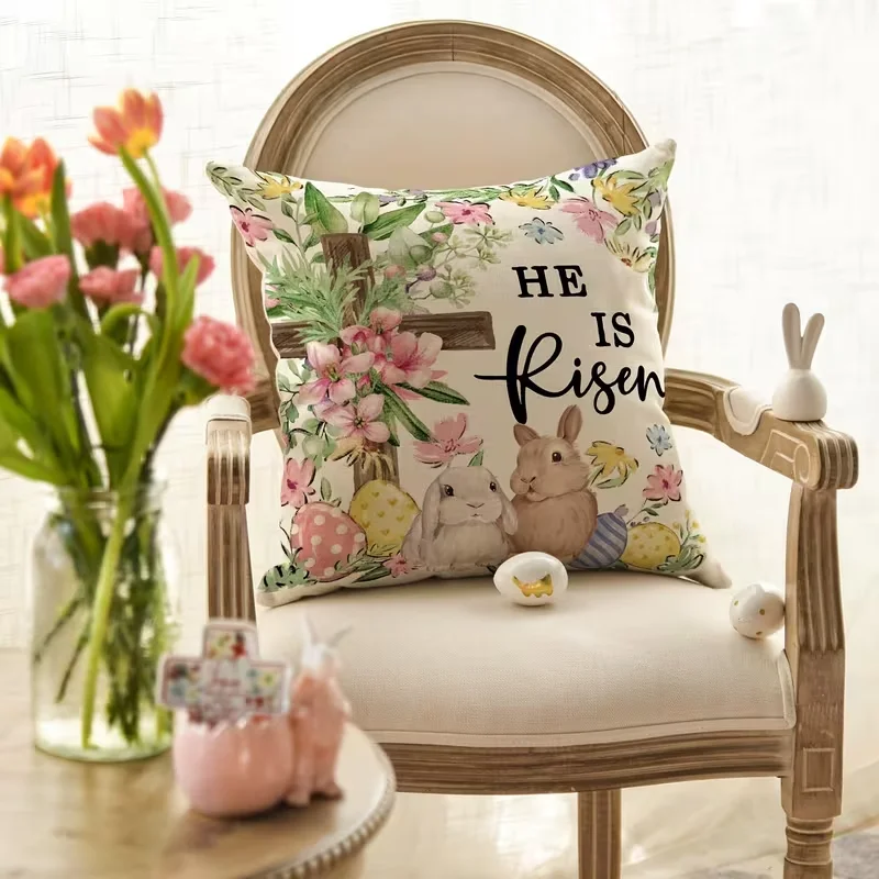 VIKAMA Country Style Easter Bunny Easter Egg Sofa Cushion Cover for Living Room Bedroom Cottage Home Decoration