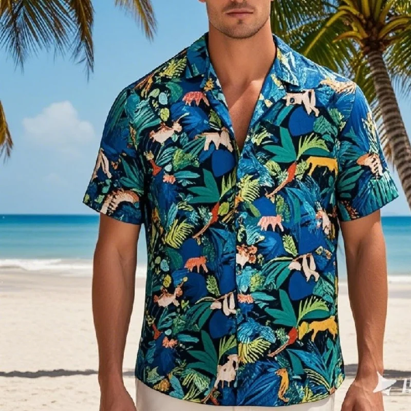 New men's vacation and leisure beachside Hawaiian Independence Day color-blocking printed short-sleeved shirt loose summer men's