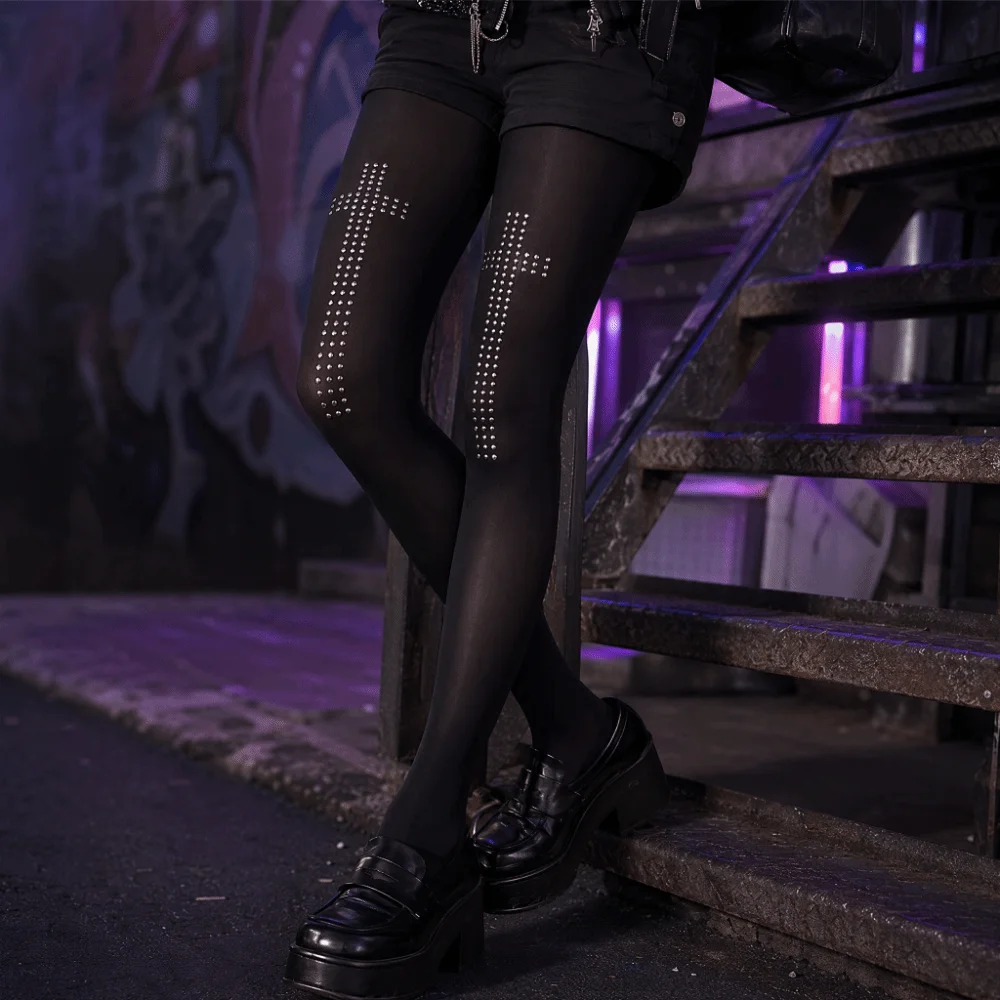 Fashion Punk Black Gothic Tights Breathable Soft Cross Pantyhose Vintage Y2K Rhinestone Stockings Party Wear