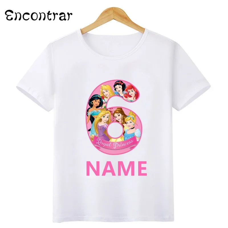 Disney Princess Number Bow Print T shirt Kids Clothes 1 2 3 4 5 6 7 8 9 Years Birthday Girls Customize Name T-Shirts Baby Tops