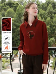 I BELIEVE YOU Red Embroidery Pullover Thickened Warm Polo Collar Sweater Women Soft Touch Sweets Versatile Tops 2244195858