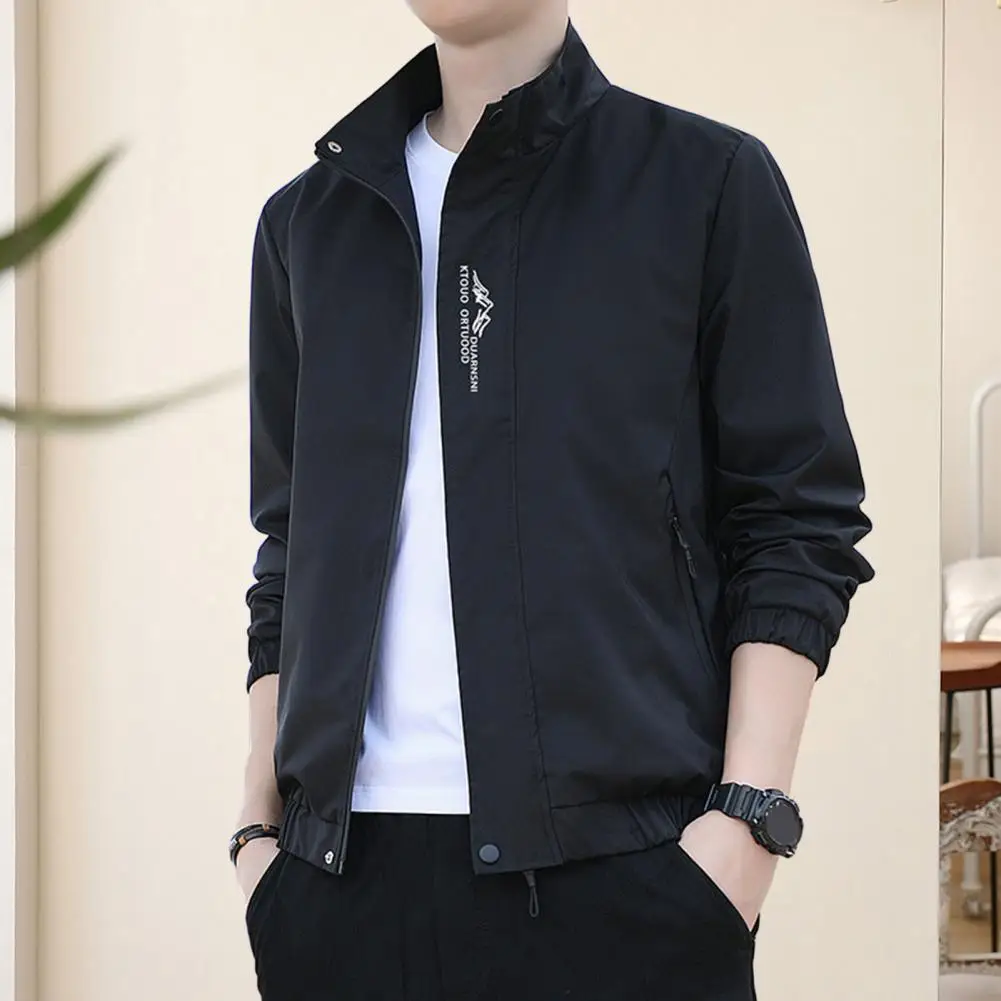 Men Stand Collar Embroidered Jacket Men's Embroidered Letter Print Windbreaker with Stand Collar Zipper Placket for Spring