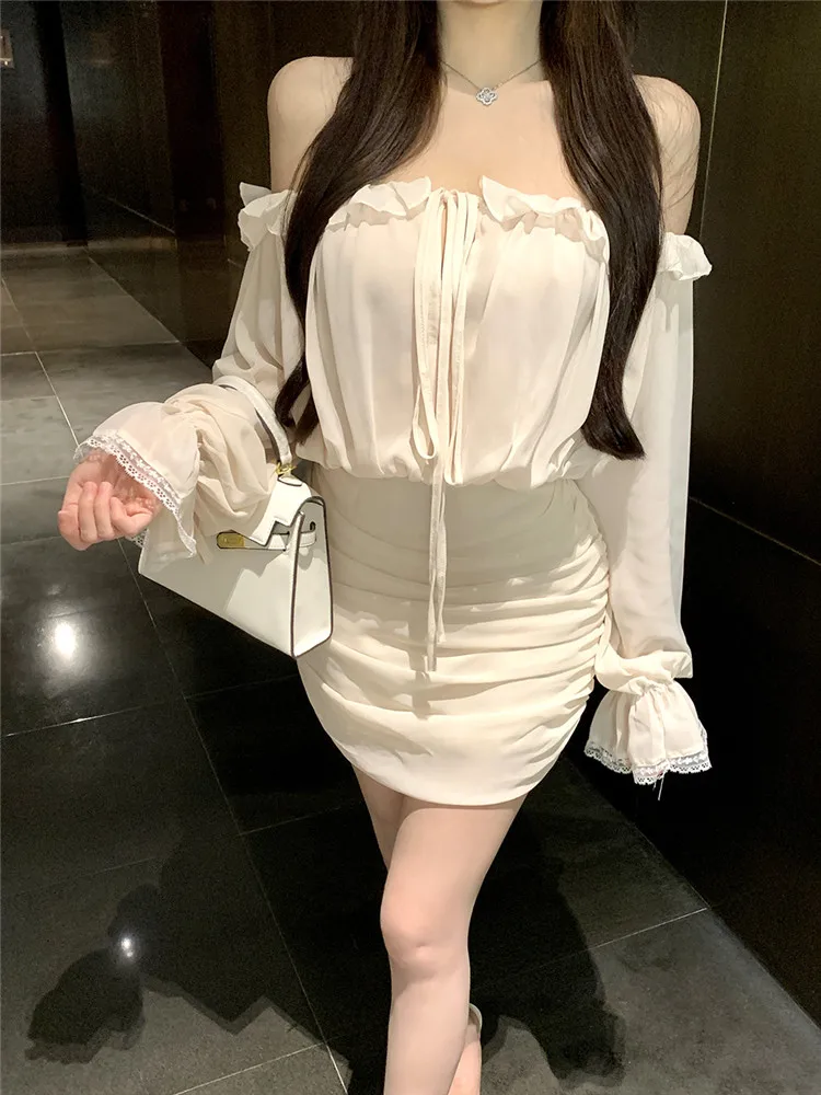 Mini robe crayon plissée abricot, Sexy, sans bretelles, manches longues évasées, col Slash, Slim, épaules dénudées, robe courte de Ballet