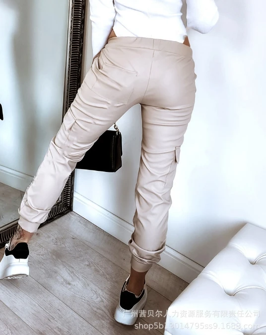 Leisure Women's 2024 Summer Fashion Pu Leather Elastic Slim Fit Pocket Design Casual Mid Waist Women's Commuter Woman Clothing