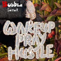 Bubble Letter Two Tone Wake Up Pray Hustle Pendant Iced Out Necklace for Men Prong Setting Bling Real Copper Hip Hop Jewelry
