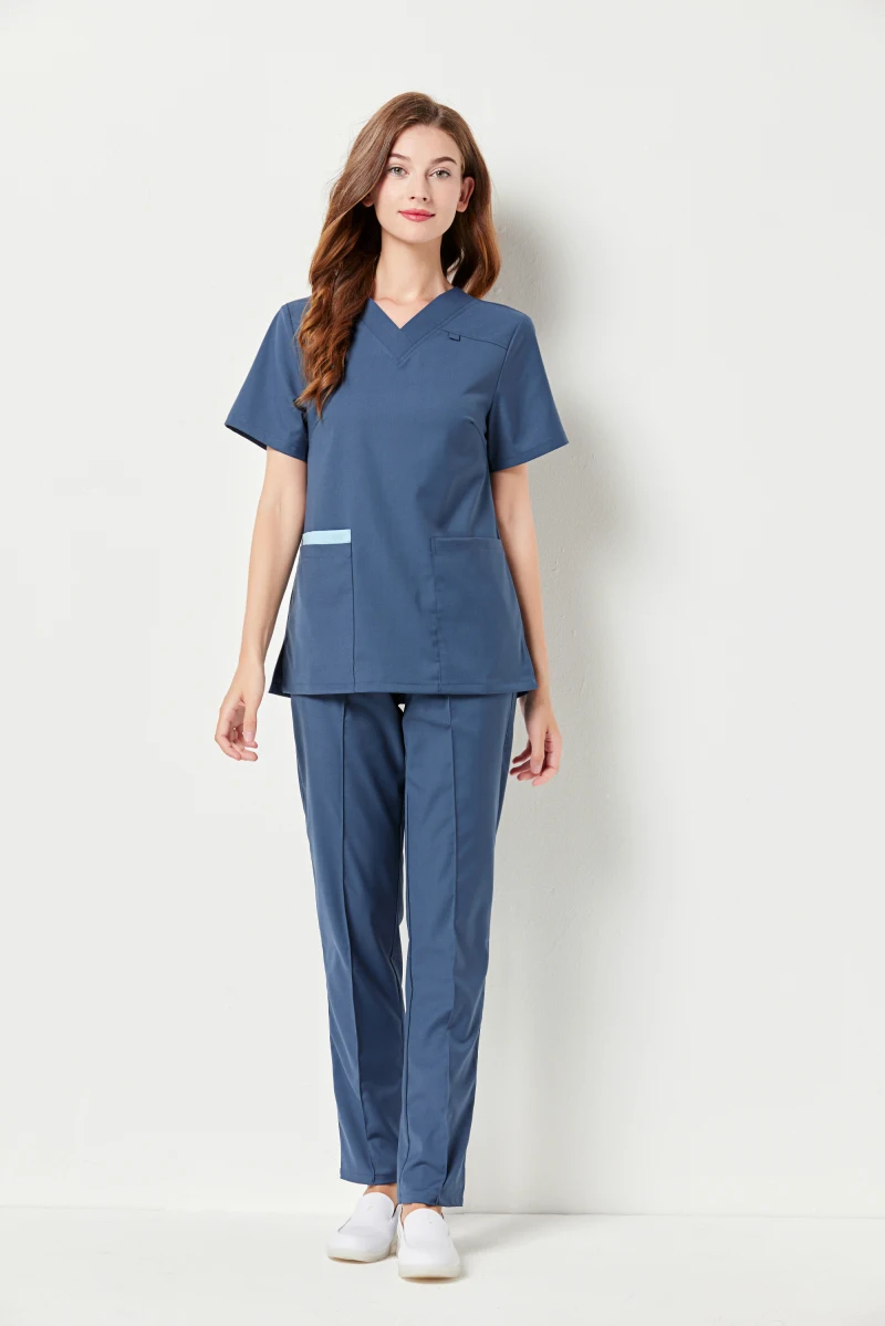 Clinica odontoiatrica uniforme da lavoro di alta qualità Set da due pezzi da donna estiva Scrub abbigliamento da medico operativo in generale colore blu