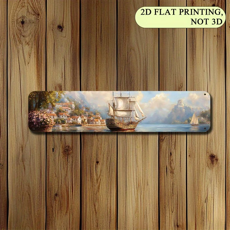 2D Flat,Aluminum Wall Art - Majestic Sailboat with Sails in a Serene Harbor, Coastal Landscape with Red-Roofed Buildings