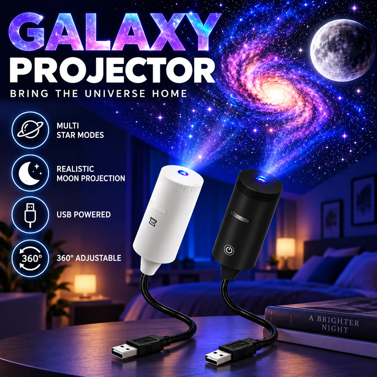 Adjustable Focus Galaxy Star Projector Lamp, 8 Pattern Slides Plug‑and‑Play Multi‑Function Starry Sky Ambient Light for Kid Room