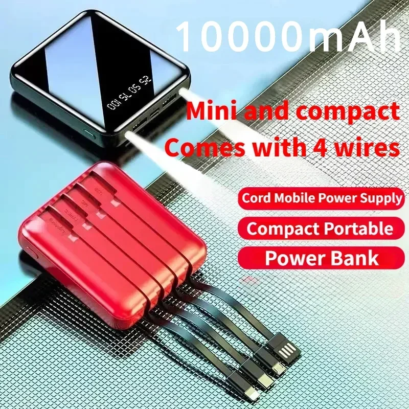 

Power Bank 10000mAh Mirror Digital Display Screen Built-In Cord Mobile Power Supply Compact Portable Mobile Phone Accessories