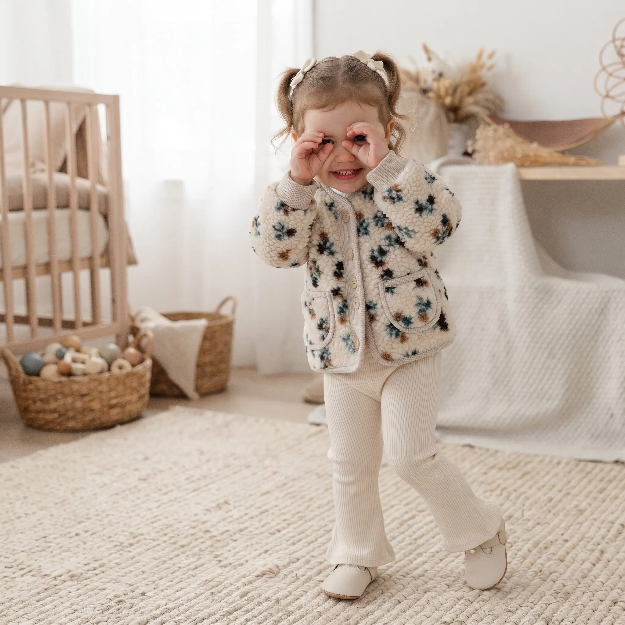 Baby Floral Fleece Jacket, Toddler Girls Vintage Flower Print Teddy Coat, Round Neck Button Front Warm Outerwear with Pockets 4