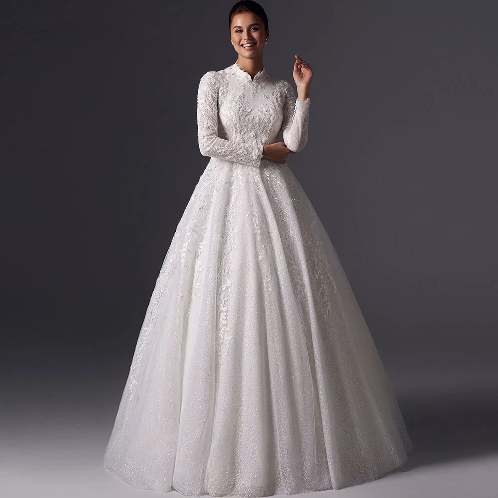 

Vintage Muslim A Line Wedding Dress Customized High Collar Long Sleeve Lace Applique Bridal Gown for Women's Vestidos De Novia