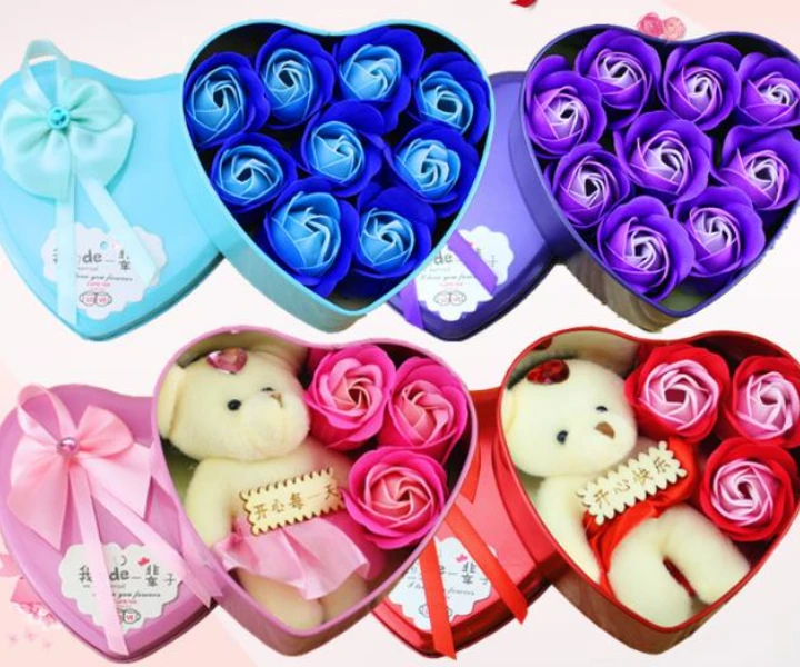 

Romantic Rose Soap Flower Bear Doll 3 Rose 1 Bear & 9 Rose Heart Box Valentine Day Gifts Wedding Gift Birthday