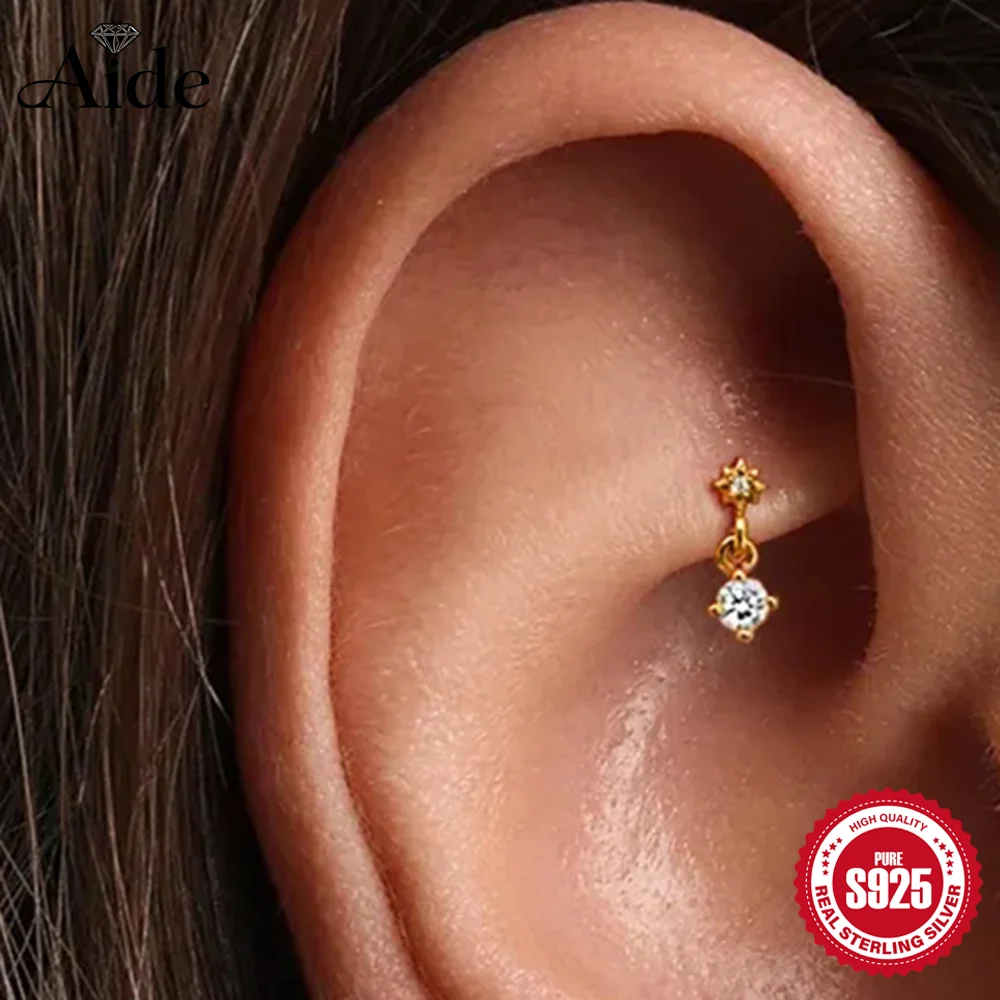 AIDE 925 Sterling Silver Octagonal Star Tassel Flat Back Piercing for Women Geometric Pendant INS Exquisite Mini Earring Gifts