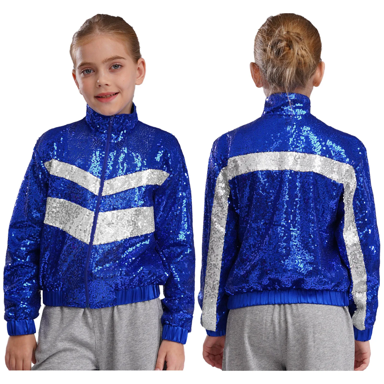 

Kids Girls Fashion Sequins Bomber Jacket Coat Spring Fall Jazz Dance Performance Costume Zipper Color Block Outerwear Wholesale