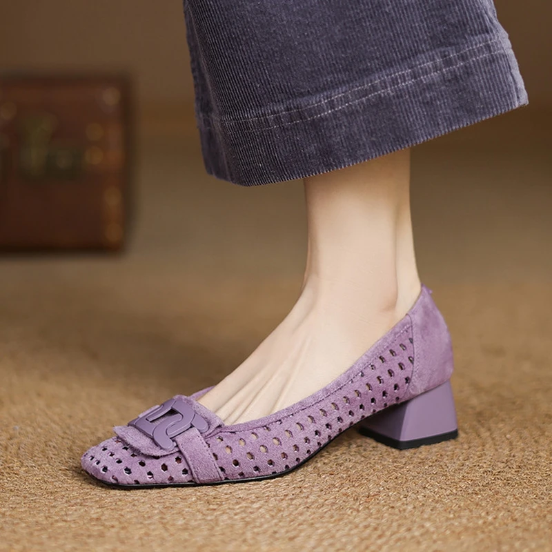 NEW Autumn/Spring Women Pumps Sheep Suede Leather Shoes for Women Square Toe Chunky Heel Shoes Slip-on Hollow Purple Daily Shoes