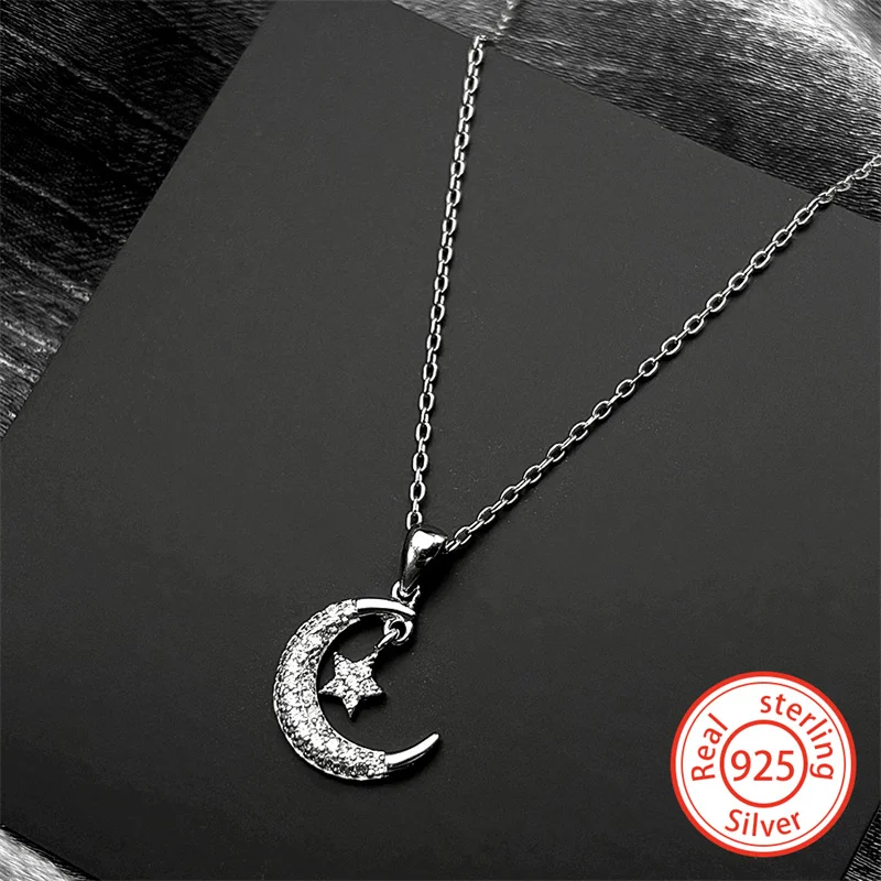 

925 Sterling Silver Crescent Moon Star Full Zircons Pendant Necklace for Women Girl Islamic Muslim Charms Choker Chain Jewelry