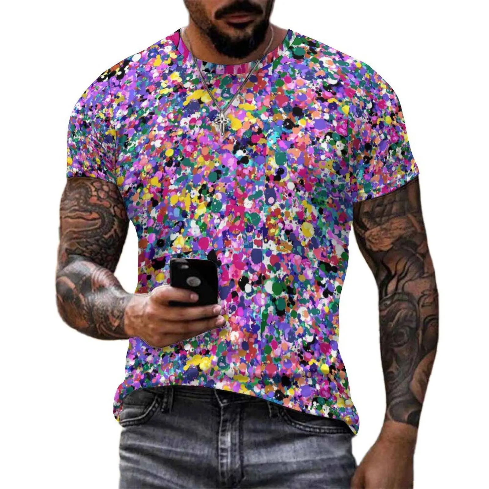 Men Neon Paint Print T-Shirt Colorful Splatter Cool T-Shirts Short Sleeve Pattern Tshirt Wholesale Summer Funny Oversize Clothes