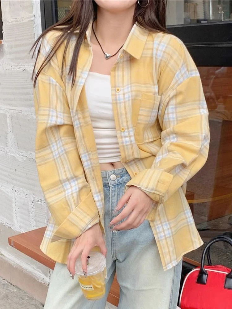 

Y2K винтажная желтая клетчатая рубашка женская американская осень консервативный стиль свободная блузка повседневная Harajuku ретро с длинным рукавом оверсайз топы Bf