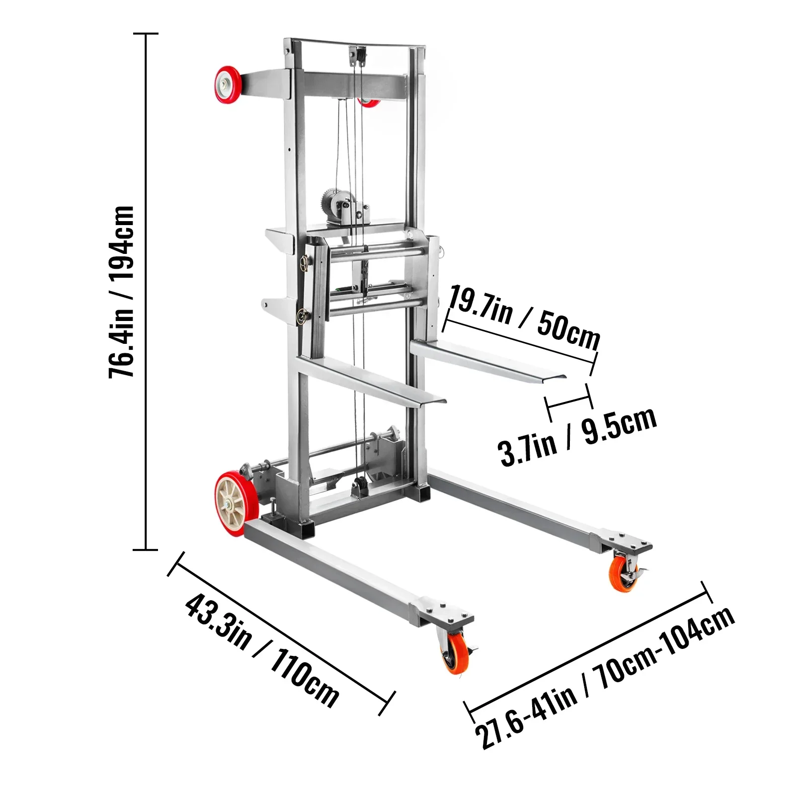 VEVOR Adjustable Straddle Hand Winch Lift Truck Manual Winch Stacker 441 lbs / 551 lbs Capacity 106.3in / 63in Maximum Height