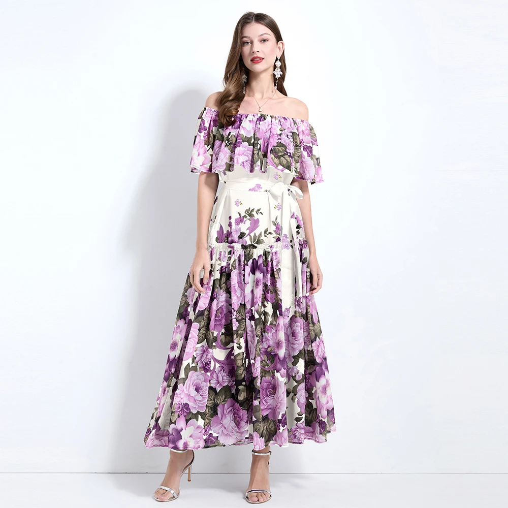 2025 One Shoulder Flower Fairy Printed Seaside Vacation Style with Waist Collection and Lotus Leaf Edge Skirt dress for women