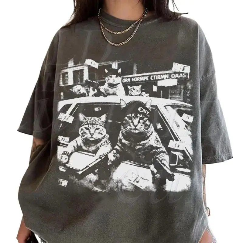 Y2k Vintage Black Cat Tee Gangster Cats Grafik T-Shirt, Retro Streetwear Shirts Lustiges Katzen-Top Übergroßes Cooles T-Shirt Unisex – Detail 2