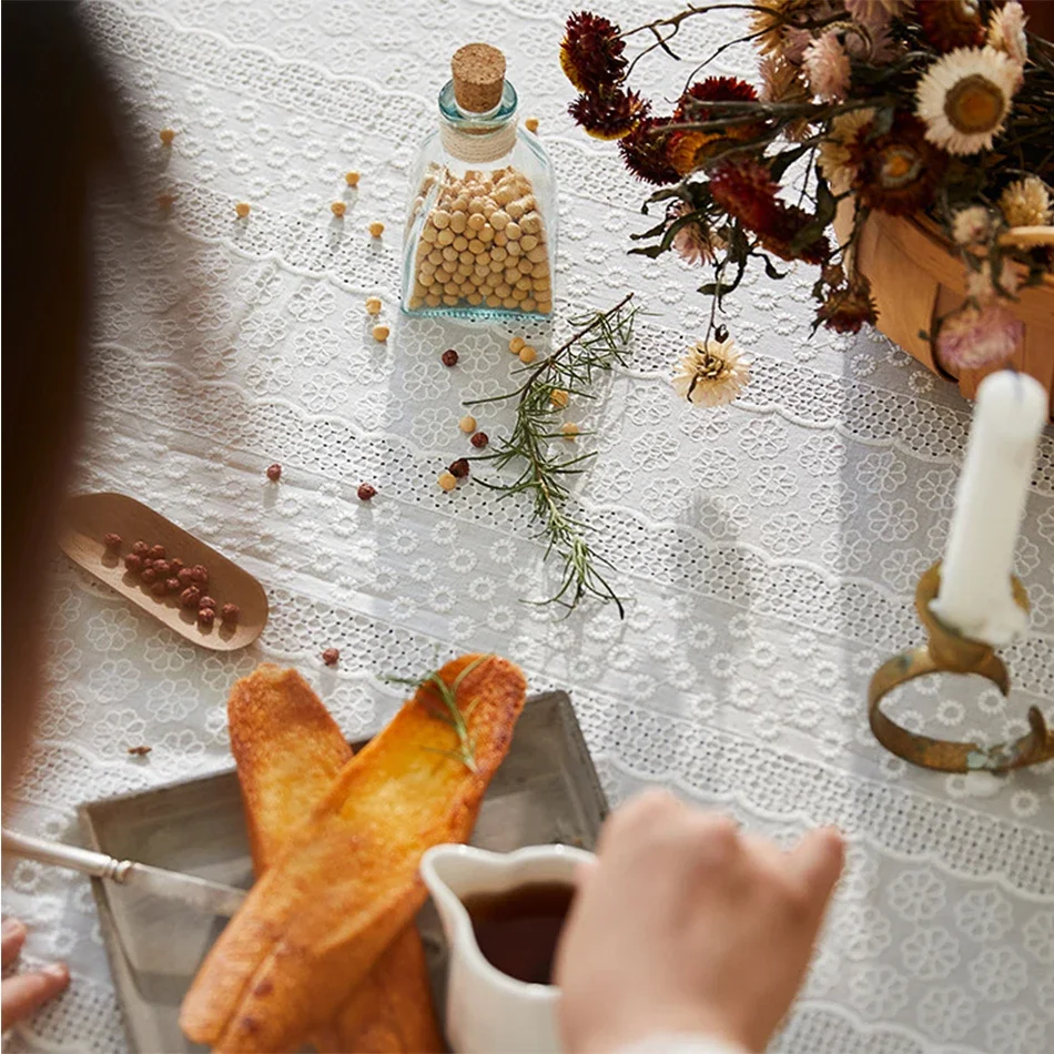 French embroidery white Cotton Tablecloth, Table Cover For  Home Kitchen Wedding Festival Dining Table Decoration Accessories