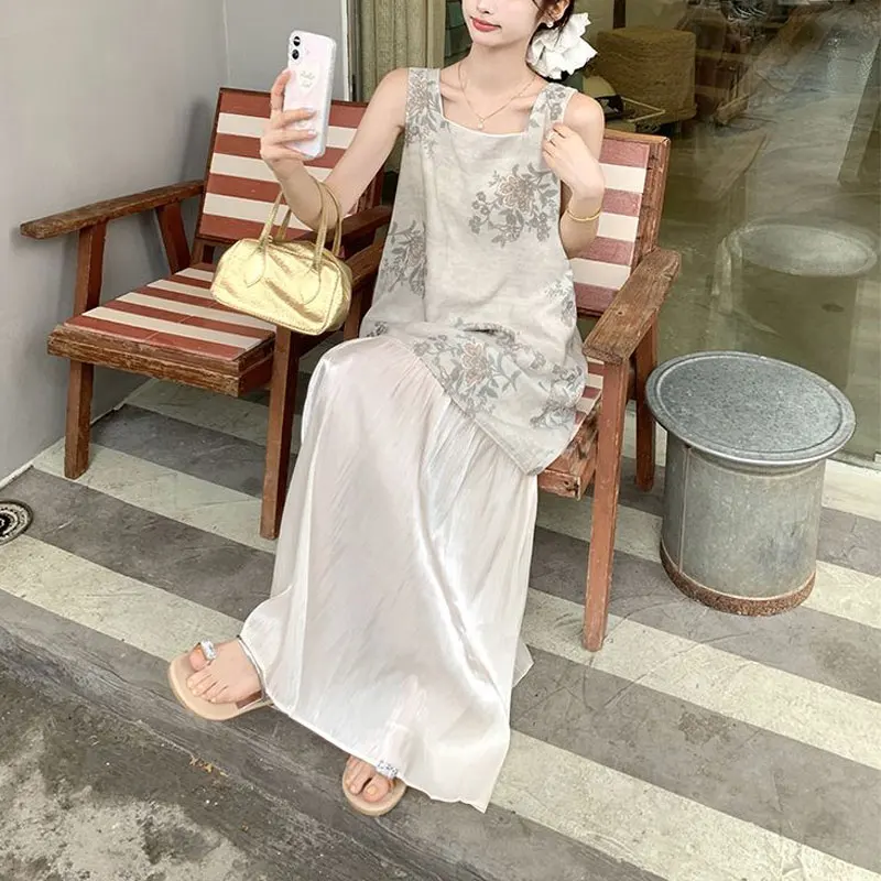 Folk Vintage Floral Printed Dresses Summer Stylish Patchwork Women's Clothing Square Collar Casual Straight Slip Long Dress New