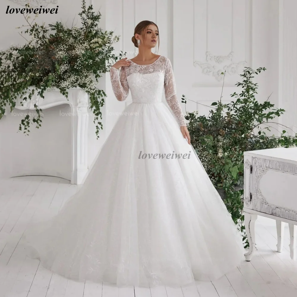 カスタムメイドのウェディングドレス Aライン レース 花嫁ドレス エレガント モダンスタイル スパンコール付きブライダルガウン 長袖 ベスティドス・デ・ノビア