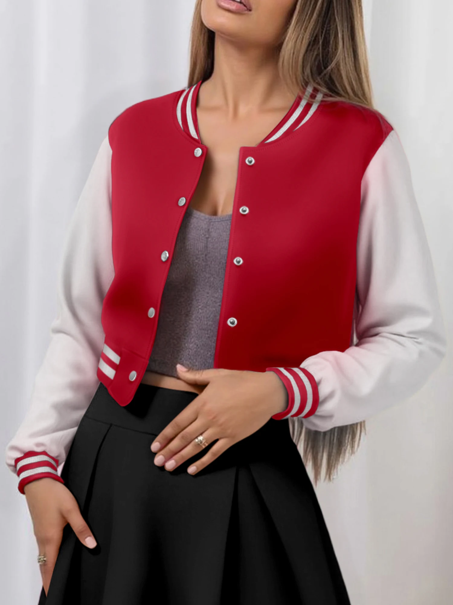 

Contrasting long-sleeved button-down jacket women's retro style slimming and tall commuting casual versatile loose outer top