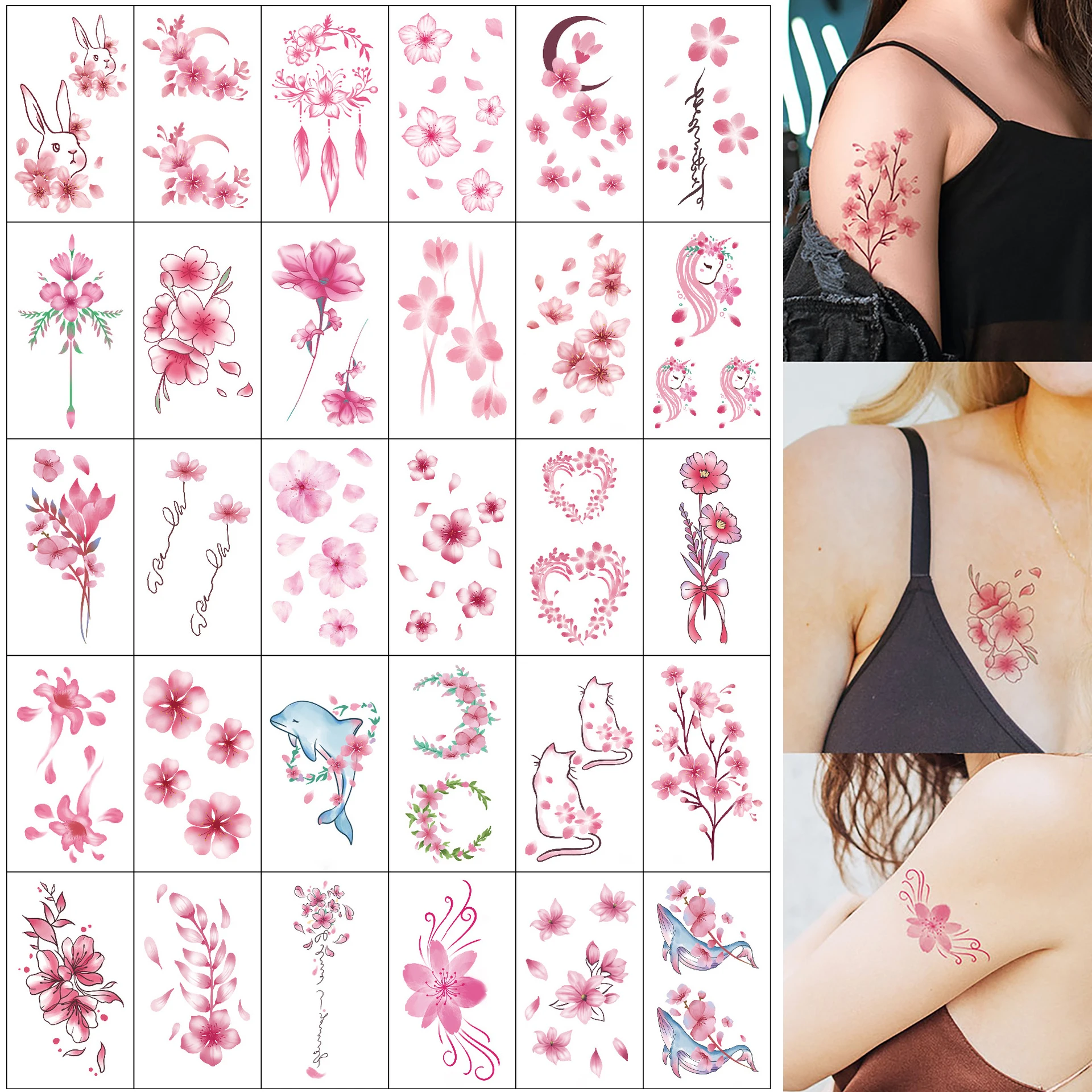 30Pcs Cherry Blossom Flower Pattern Temporary Tattoo Stickers