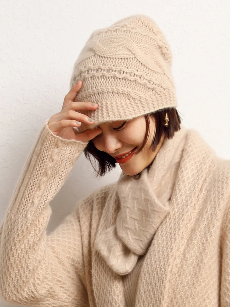 

MEETCC Women 100% Cashmere Hat Elegant Cable Knitwear Soft Warm Cap Autumn Winter Accessory Hollow Out Chic Hats