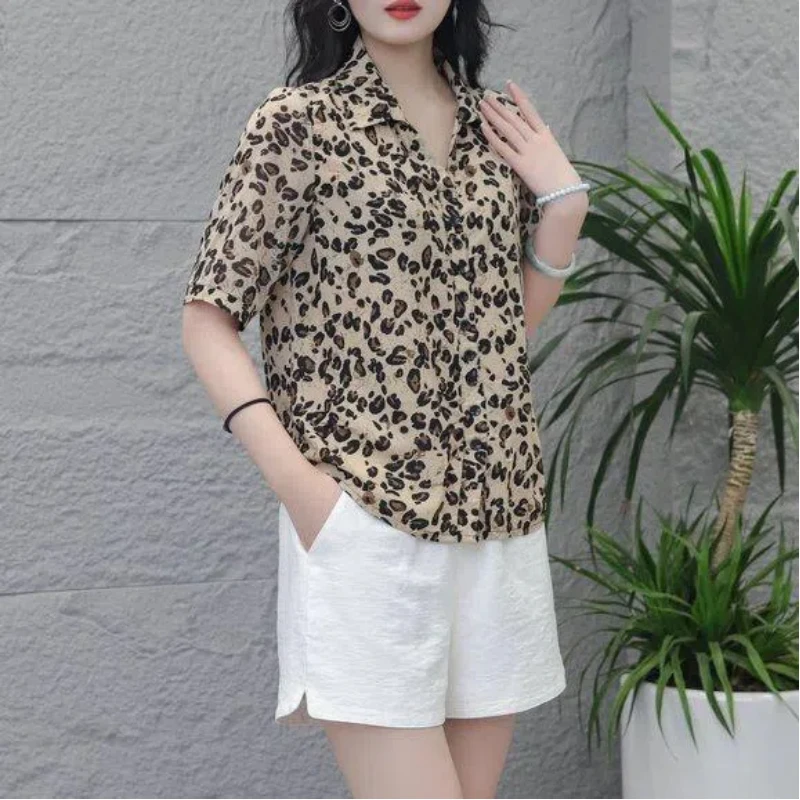 New Summer 2024 Women\'s Pullover Polo Collar Patchwork Printing Fashion Loose Casual All-match Half Sleeves Blouses Shirts