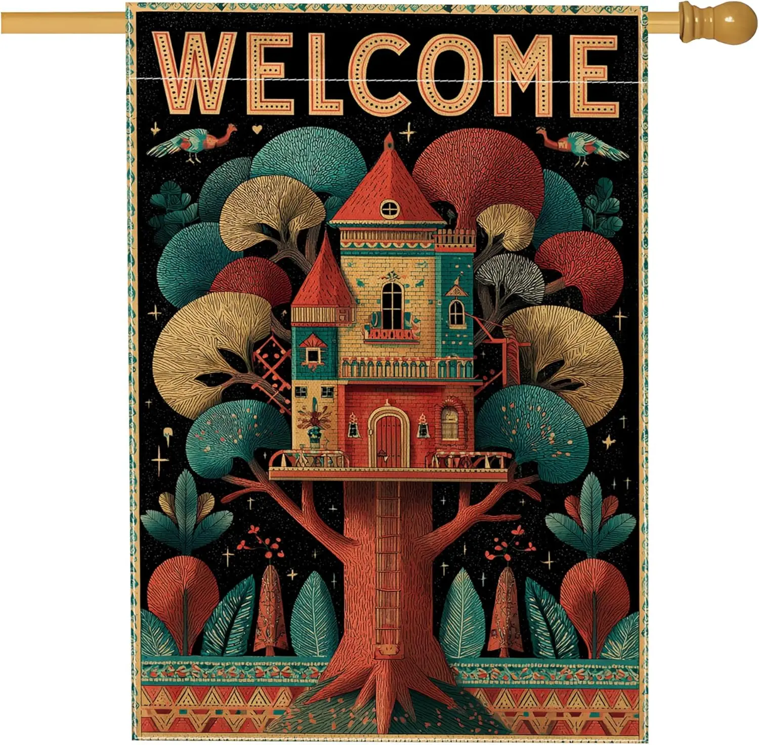 Fanciful Treehouse Welcome Garden Flag, Colorful Vintage Inspired Outdoor Decor, Double Sided Seasonal Garden Banner for Hom LLE