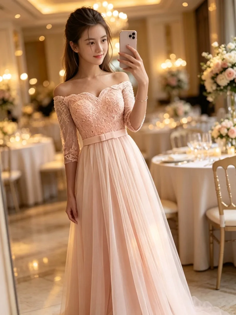 Damen Spitzen-Tüll Langes Brautjungfernkleid Abendkleid V-Ausschnitt Schulterfrei Halber Ärmel A-Linie Maxikleid Hochzeitsgast Formelles Partykleid – Detail 7