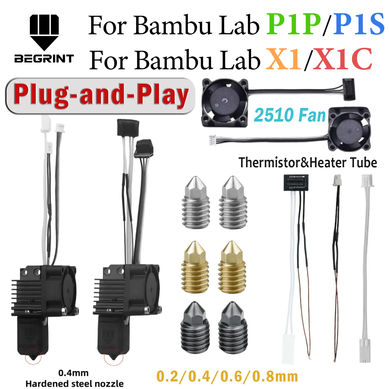 

2.0 Version Hotend Kit For Bambu Lab X1 P1 Hotend Bi Metal For Bambu lab P1P p1s X1C Hot End cooling fan Thermistor Heater Tube