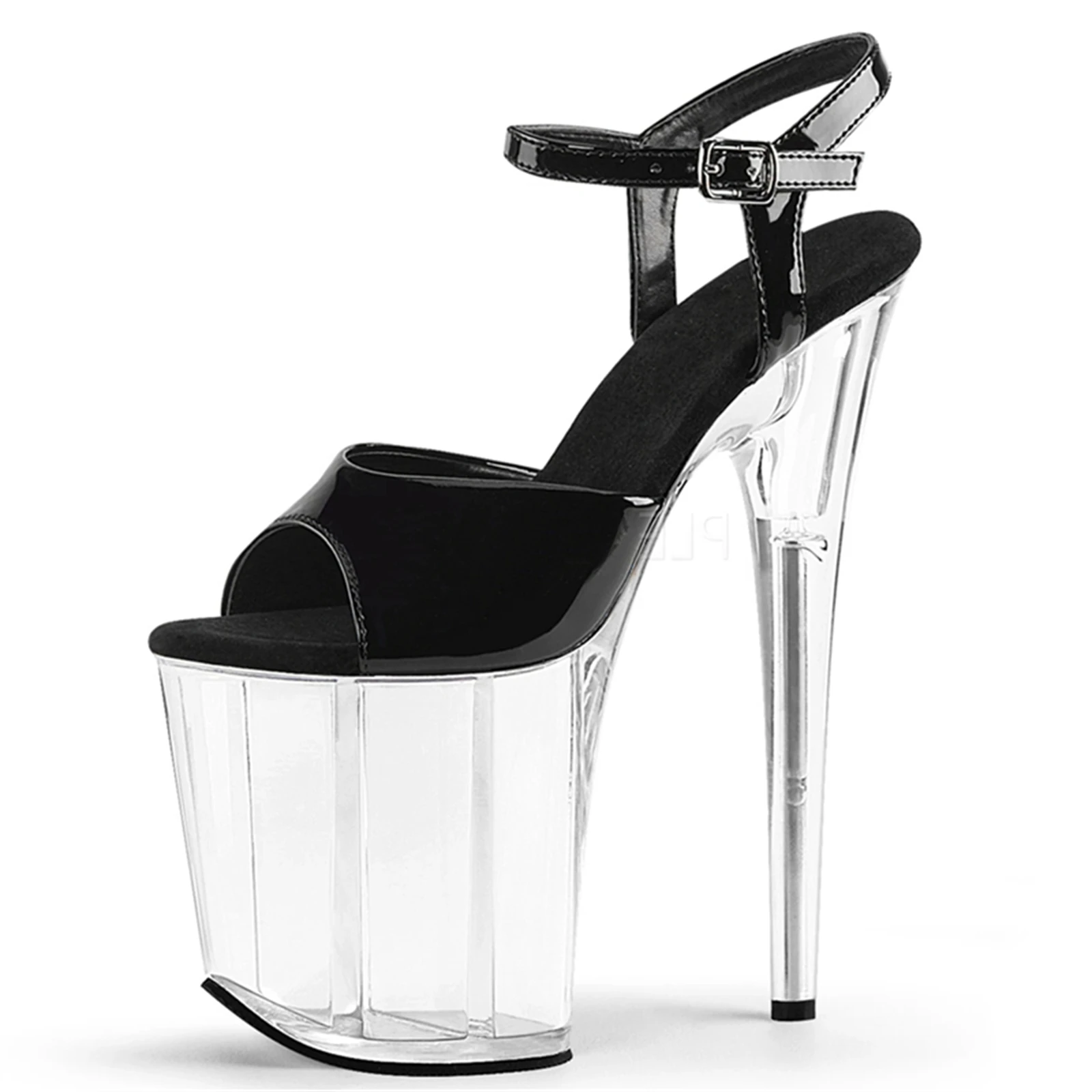 20CM Platform Peep-Toe Sandals Black, Blue Accent Chunky Clear Sole Heels, Extreme Height Nightclub Shoes​