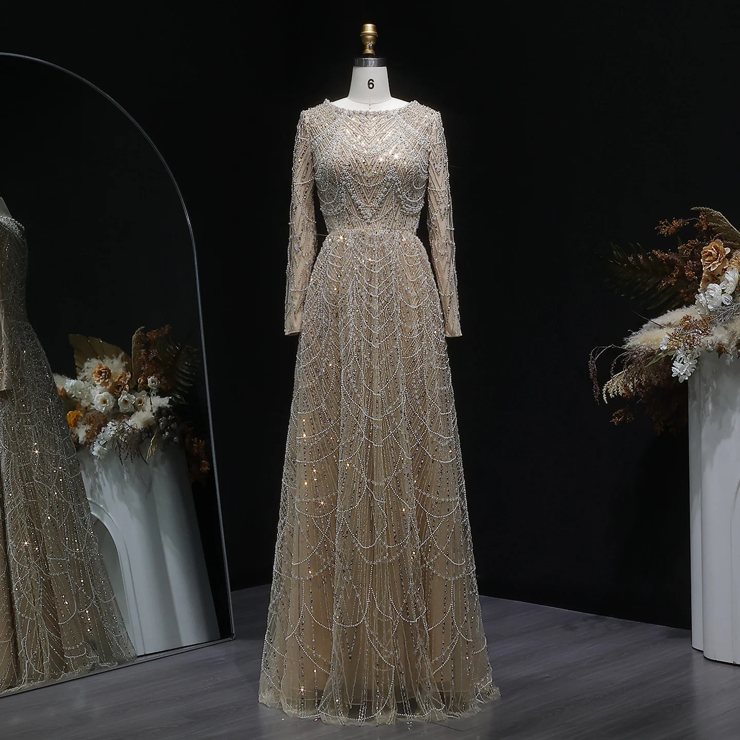 Sharon Said Luxuriöses Dubai-Abendkleid mit grünen Perlen und langen Ärmeln, Saudi-Arabisches Damen-Hochzeitskleid, formelle Partykleider SS625, maßgeschneidert – Detail 27