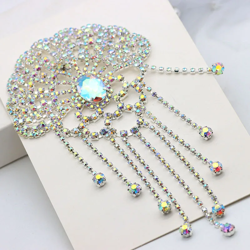 Flower shape crystal clear rhinestone applique rhinestone shoulder chain with tassel wedding dress decoration DIY sew on stone