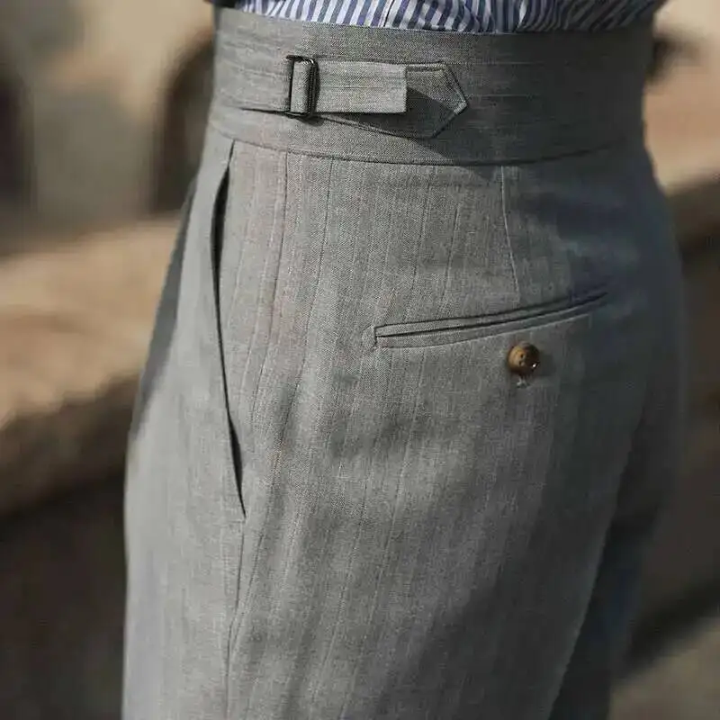 Casual cintura alta reta listrado calças masculinas versátil negócios formal calças para homem italiano calças sociais