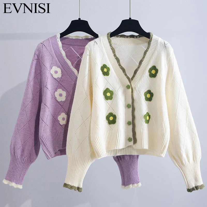 

EVNISI Sweet Women Sweater Flower Element Cardigan Coat V-Neck Loose Long Sleeve Sweater Coat Single Breasted Knitting Jumpers