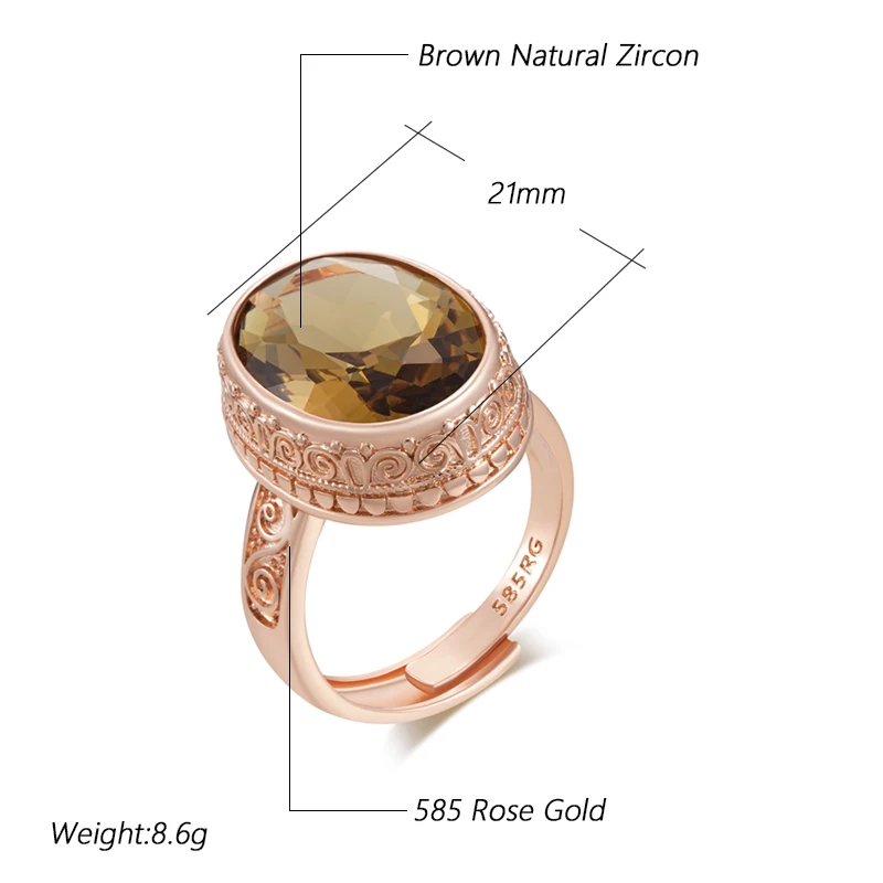 Kinel Hot Shiny Light Brown Natural Zircon Big Ring for Women Fashion 585 Rose Gold Color Vintage Bride Wedding Jewelry 2025 New