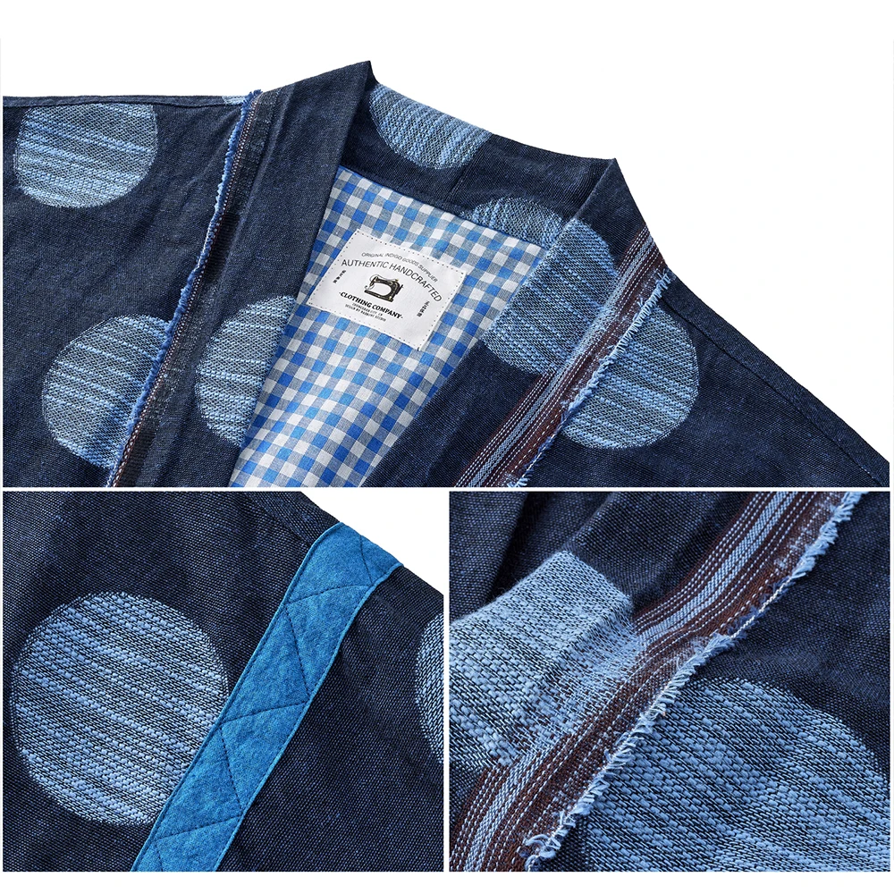 Japanese Vintage Washed Embroidery Indigo Jacket Men Spring Autumn New Thin Raglan Sleeve Yarn Dyed Robe Casual Cardigan Coat