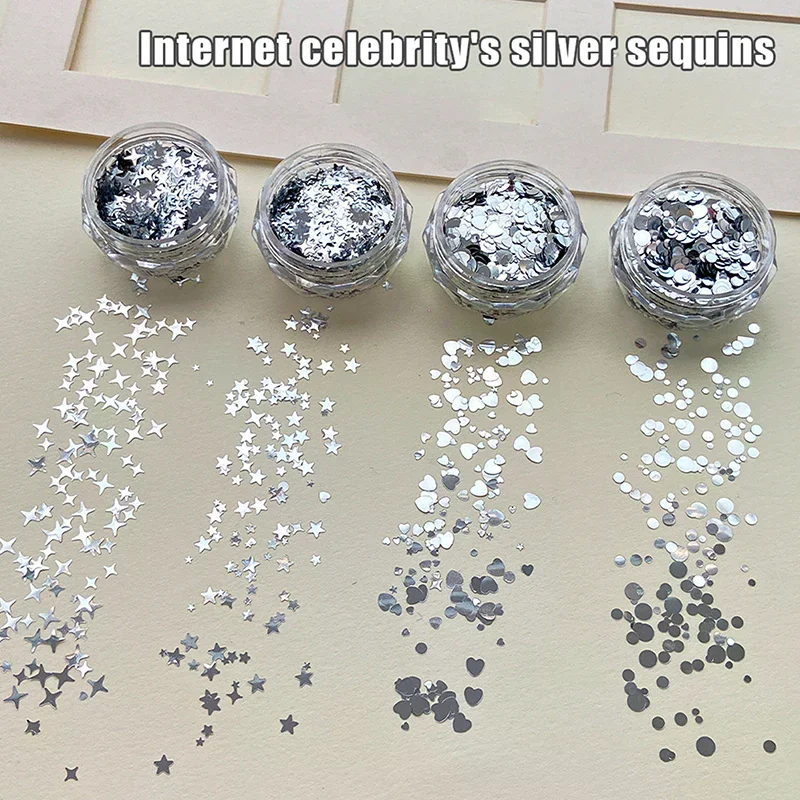 1 Jar Shiny Silver Sequins Mix Shapes Starlight Love Star Slice Decals Manicure Paillette Charms Nail Art Stickers
