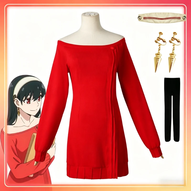 Anime FAMILY Cosplay Kostüm Yor Forger Yor Briar Rollenspiel Rotes Pulloverkleid Ohrringe Haaraccessoires Dornenprinzessin Outfit