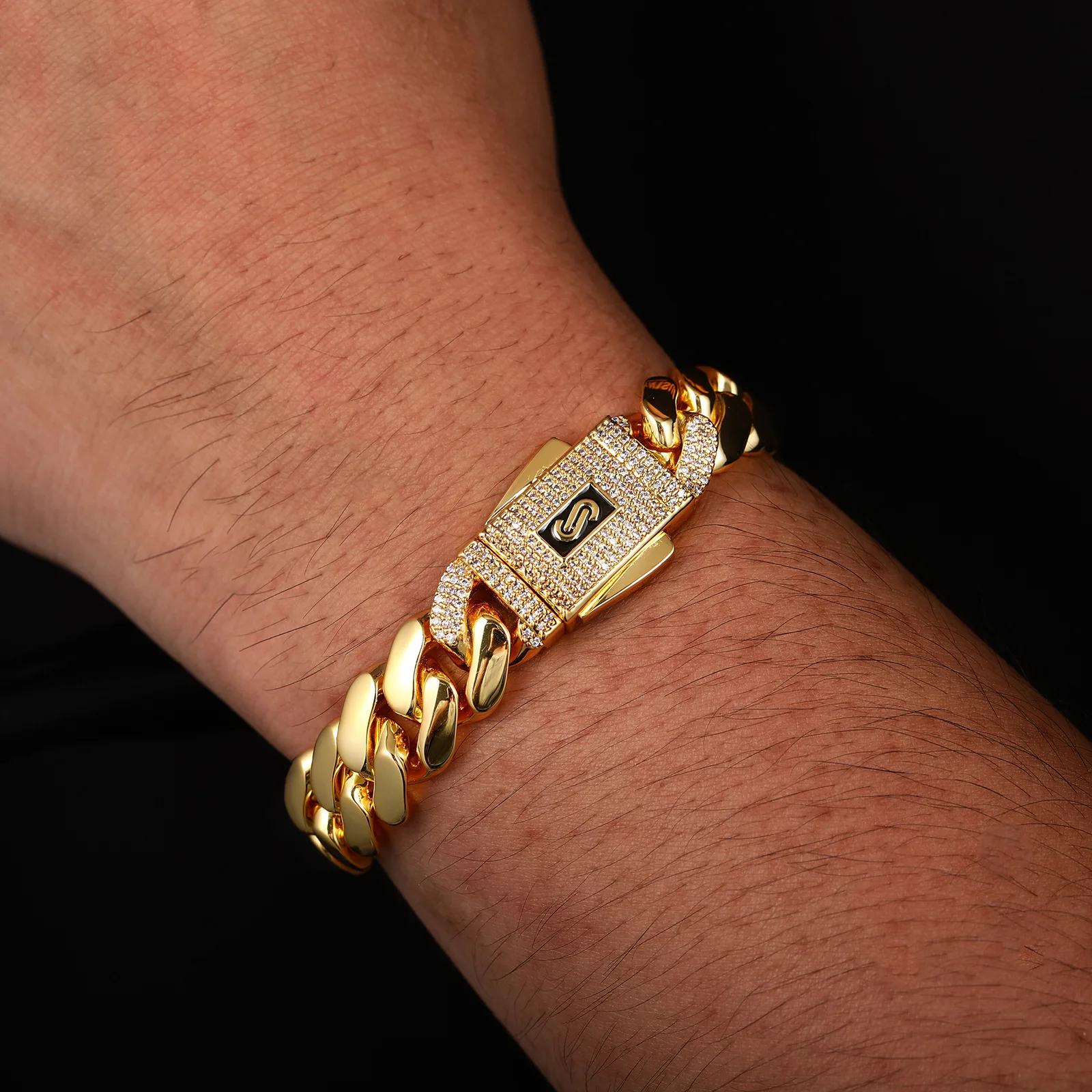 Hip Hop Cross Border 18K Copper with Zircon Smooth Cuban Chain Men's Trendy Luxury Bracelet Accessories Men's and Women's Sparkling Hip Hop Necklace Fashion Jewelry Commemorative Gift Unique Jewelry